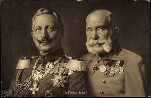 Ak Kejsar Wilhelm II av Preussen med kejsar Franz Josef I av Österrike, lojalitet (svartvitt foto) av Photographer German
