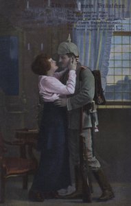 Tysk soldat säger farväl till sin fru innan han gav sig ut i kriget (färgad bild) av Photographer German