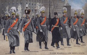 Kaiser Wilhelm II av Tyskland och hans sex söner i militäruniform (färgad bild)
