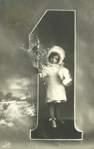 Nyårskort med liten flicka i en pälshuva (s/v foto) av Photographer German