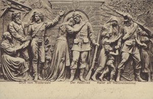 Avskedet, reliefen på Nationaldenkmal, monument till minne av Tysklands enande, Rudesheim am Rhein, Hessen (s/v foto) av Photographer German