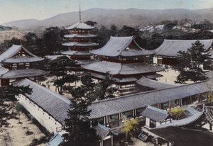 Japan, ca 1912: Horyu-ji, det äldsta buddhistiska templet i Japan, byggt för cirka 1300 år sedan, Yamato (foto)