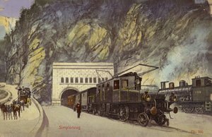 Tåg vid infarten till Simplontunneln (färgfoto)