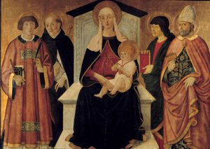 Jungfrun och barnet Jungfrun är omgiven av Saint Laurent-diakonen, Saint Peter, Saint John, Saint Blaise de Sebaste. Altartavla av Pier Francesco Fiorentino (aktiv omkring 1475-1500) 1490. Sön. 132x143 m. Avignon, Musee du Petro Palais