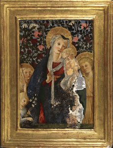 Jungfru och barn med spädbarnet Saint John, Saint Elizabeth och ett barn med en vas av liljor, 1450-59