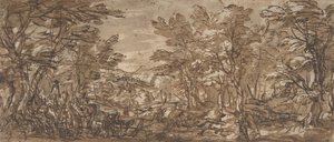 Skogsscen, ett stopp till vänster, en jakt i centrum, 1612-66. av Pier Francesco Mola