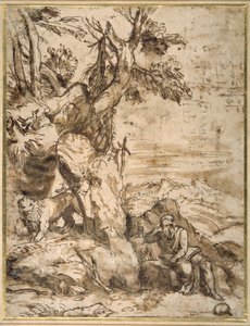 St Hieronymus läser i vildmarken, efter Tizian (ca 1488-1576) (rörpenna & brunt bläck med brunt tvätt på krämigt papper)