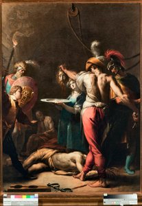 Johannes Döparens dekollering (Höghuggning av Johannes Döparen) Helgonets huvud placeras på en platå - Målning av Pier Francesco Mazzuchelli dit il Morazzone (1573-1626) Musei di Strada Nuova Genes (inv n PB 2813)