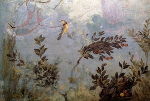 Fågel, detalj från en fresk föreställande en trädgård med träd och fåglar, från huset av Livia på Palatine-kullen, Rom, Italien. romersk civilisation