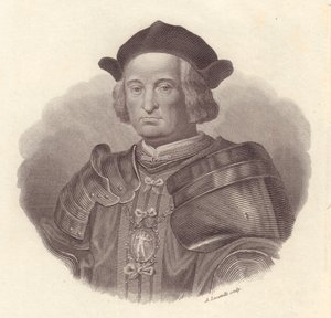 Porträtt av den italienska militärledaren och politikern Gian Giacomo Trivulzio (1440-1518), kopparstick av Locatelli av Blaise Nicolas Le Sueur