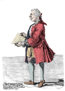 Tecknad av Giovanni Battista Pergolesi (Jean Baptiste Pergolese, Jean-Baptiste) (1710 - 1736). Teckning av Pier Leone Ghezzi (1674 - 1755) som rapporterar att kompositören led av ett handikapp i ena benet och var halt. 1736.