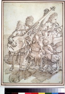 ""Konserten"" Karikatyr som representerar en konsert av fem musiker (kvintett) på luta, fiol, piano, cello. Penna- och bläckteckning av Pier Leone Ghezzi (1674-1755) Pushkin-museet från 1700-talet, Moskva