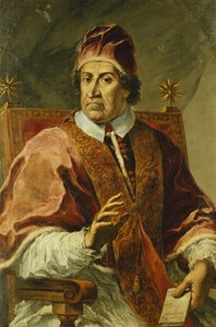 Porträtt av påven Clement XI, sittande halvlängd, iklädd påvliga dräkter, håller ett brev, av Pier Leone Ghezzi