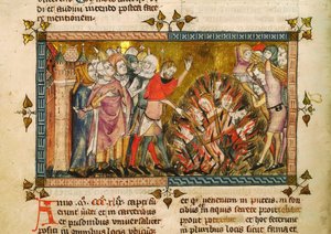Bränning av judarna 1349. Miniatyr från: Tractatus Quartus av Gilles de Muisit, ca. av Pierart dou Tielt