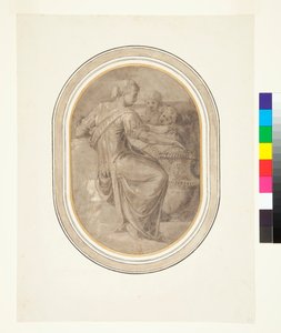 A Sibyl with a Vase and Two Putti, c.1540-tal (Penselteckning i bruntvätt med lite penna förhöjt med vitt på en grå botten) av Piero (attr. to) Ligorio