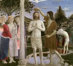 Kristi dop, detalj av Kristus, Johannes Döparen och änglar, 1450 äggtempera på panel