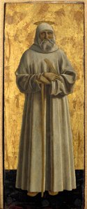 Polyptic of Misericorde: Jungfrun från Misericorde, omgiven av helgon. Detalj föreställande Saint Benedict of Nursie. Målning på trä av Piero della Francesca (1415/20-1492) 1445-1460 Dim. 54x21 cm Sansepolcro, Pinacoteca Comunale av Piero della Francesca