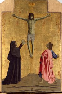 Polyptic of Misericorde: Jungfrun från Misericorde, omgiven av helgon. Detalj föreställande korsfästelsen med inskriptionen "" INRI"" på korset Trämålning av Piero della Francesca (1415/20-1492) 1445-1460 Dim. 81x52,5 cm Sansepolcro, Pinacoteca C av Piero della Francesca