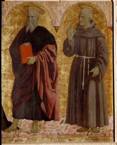 Polyptic of Misericorde: Jungfrun från Misericorde, omgiven av helgon. Detalj som föreställer Saint Andre och Saint Bernardino av Siena (Bernardino da Siena eller Bernardino degli Albizzeschi av Piero della Francesca