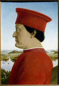 Porträtt av Federico de Montefeltro, hertigen av Urbino och Battista Sforza. Detalj som representerar Federico da Montefeltro av Piero della Francesca