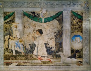 Sigismondo Pandolfo Malatesta, härskare i Rimini, knäböjer framför sin beskyddare, Sankt Sigismund, helgonförklarad kung av Burgund (freske) av Piero della Francesca