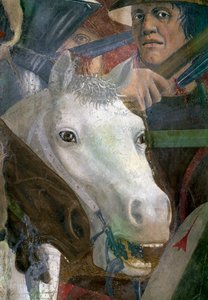 Legenden om det sanna korset, slaget vid Heraclius och Chosroes, detalj av en häst och en soldat, färdig fresk från 1464