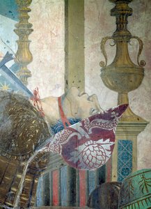 Legenden om det sanna korset, slaget vid Heraclius och Chosroes, detalj av en man som fått halsen avskuren, färdig fresk från 1464 av Piero della Francesca