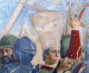 Legenden om det sanna korset, slaget vid Heraclius och Chosroes, detalj av en trumpetare, färdig fresk från 1464 av Piero della Francesca