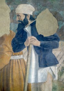Legenden om det sanna korset, upptäckten av korset, detalj av en åskådare, färdig fresk från 1464 av Piero della Francesca