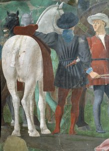 Legenden om det sanna korset, mottagandet av drottningen av Saba av kung Salomo, detalj av två ryttare, färdig fresk från 1464