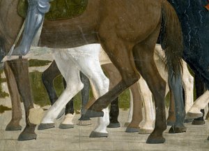 Legenden om det sanna korset, Konstantins seger vid slaget vid Milvian Bridge, detalj av hästens fötter, färdig fresk från 1464