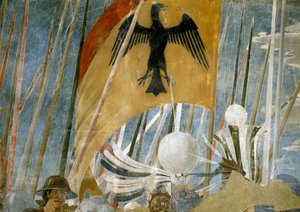 Legenden om det sanna korset, Konstantins seger vid slaget vid Milvian Bridge, detalj av banderoll, färdig fresk från 1464 av Piero della Francesca