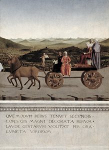 Triumf av Battista Sforza, hertiginna av Urbino. Battista och hennes tjänarinna, två teologiska dygder och en nunna ritas i en triumfbil av två bruna enhörningar, efter 1472 (tempera på panelen) (detalj av Piero della Francesca