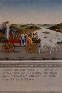 Triumf för Federigo da Montefeltro, hertig av Urbino; Federigo och de fyra kardinaldygderna i en triumfbil tecknad av vita enhörningar, bevingad Victory som håller i hertigkronan, målad efter 1474 (pan av Piero della Francesca