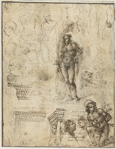 Studieblad med huvuden, figurer och arkitektoniska fragment Studieblad med huvuden, figurer och arkitektoniska fragment av Piero di Cosimo (attributed to)