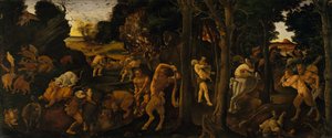 En jaktscen, c.1494-1500 (temperatur och olja överförd till masonit) av Piero di Cosimo