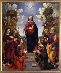 Obefläckad befruktning omgiven av heliga, ca 1500-05 (tempera grassa på trä) av Piero di Cosimo