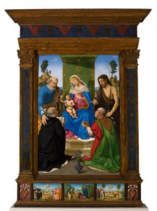 Madonnan med barnet på tronen med helgonen Petrus, Johannes Döparen, Dominikus och Nikolaus av Bari av Piero di Cosimo