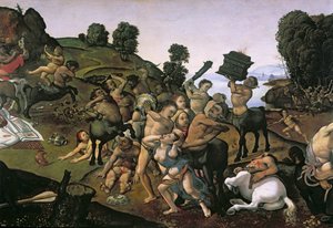 Kampen mellan lapiterna och kentaurerna, (detalj av kentaurer som attackerar lapiterna) c.1490-talet, (olja på trä)