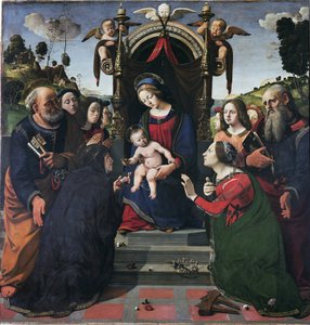 Jungfru och barn på tronen omgiven av helgon (olja och tempera på panel, cirka 1493) av Piero di Cosimo