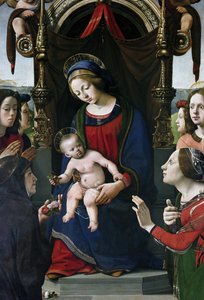 Jungfru och barn på tronen omgiven av helgon, detalj (olja och tempera på panel, cirka 1493) av Piero di Cosimo