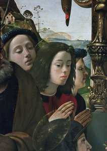 Jungfru och barn på tronen omgiven av helgon, detalj (olja och tempera på panel, cirka 1493) av Piero di Cosimo