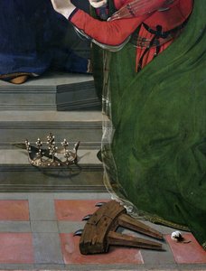 Jungfru och barn på tronen omgiven av helgon, detalj (olja och tempera på panel, cirka 1493) av Piero di Cosimo