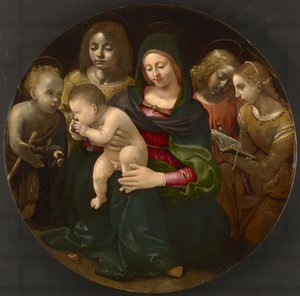 Jungfru och barn med den unga helige Johannes döparen, heliga Cecilia och änglar, ca 1505 av Piero di Cosimo