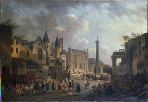 Torghandel vid en imaginär korsning i Paris, ca 1770 (olja på duk)