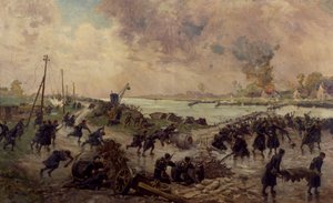 Belgiska trupper i strid vid Yser, oktober 1914, första världskriget, Belgien, 1900-talet av Pierre-Ernest and Neymark Gustave Ballue