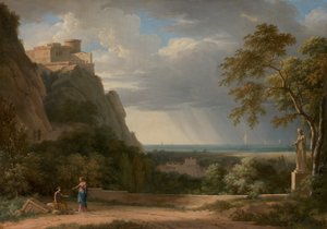 Klassiskt landskap med figurer och skulptur