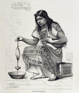 Bomullsspinning, från "The Ancient Cities of the New World", av Claude-Joseph-Desire Charnay, publ. 1887 (gravyr) av Pierre (after) Fritel