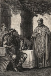 Sankt Gregoire av Tours (538-594) (Gregorius av Tours) mot Chilperic I (539-584) Francisk kung av den merovingiska dynastin - gravyr av Pierre Fritel (1853-1942) av Pierre (after) Fritel