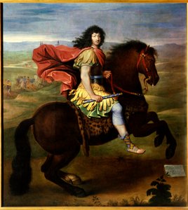 Ridsporträtt av Ludvig XIV (37 år). Kungen av Frankrike Ludvig XV, känd som Le Bien Aime (1710-1774), representerar i rustningar, sandalskor och håller en blå pinne med liljablommor. Målning av Pierre Mignards verkstad (1612-1695) av Pierre (studio of) Mignard